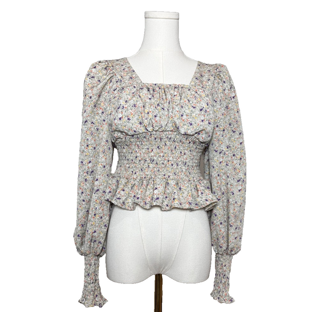 She Sky Floral Smocked Puff Sleeve Tie Back Peplum Blouse Medium